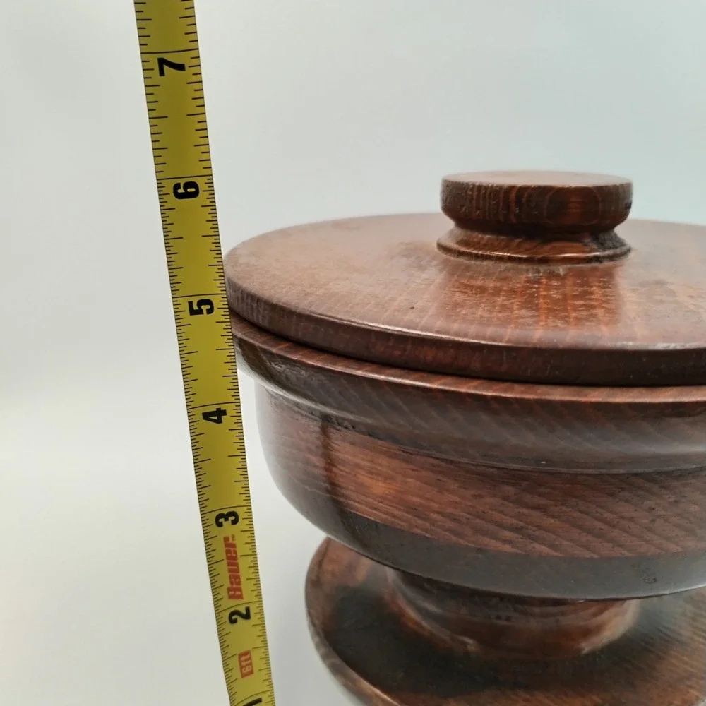 Vintage Hand Turned Wood Lidded Pedestal Bowl Artisan Signed 